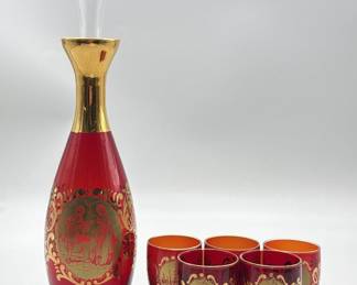 Mid Century Asian Inspired Ruby Red & Gilt Bar Set