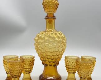 Vintage Amber Art Glass Bubble/Grape Decanter Set