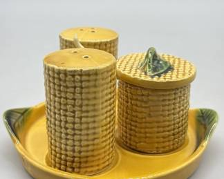 Vtg. Corn Cob Salt & Pepper Shakers & Honey Pot
