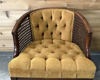 Mid Century Cane Barrel Chair, Tufted Upholstery
