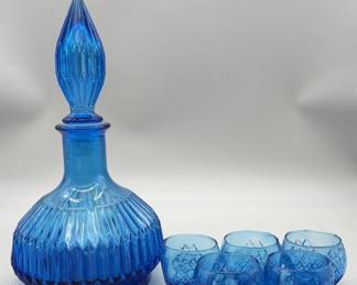 6-Piece Vtg. Peacock Blue Cordial Decanter Set