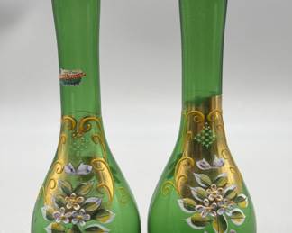 Pair Vintage Green Bud Vases w/ 22k Gold Trim