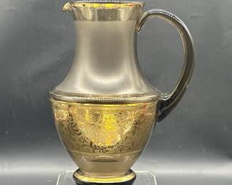 Vintage Gold Encrusted Amber Glass Pitcher