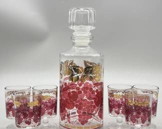 Mid Century Red & Gold Decanter & 6-Cordials
