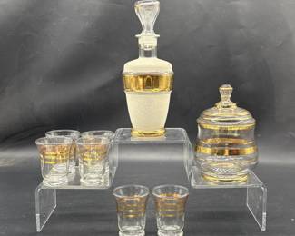 1960's Frosted & Gold Plate Decanter w/ Stopper