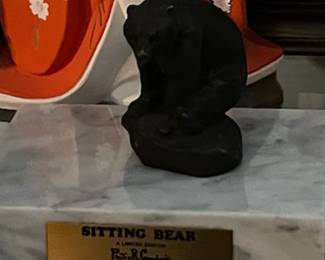 Collectible bronze figurine sculpture by Philip R. Goodwin, displayed on marble base - “Sitting Bear”