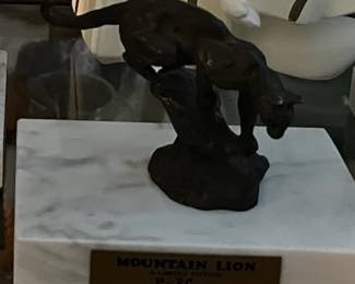 Collectible bronze figurine sculpture by Philip R. Goodwin, displayed on marble base - “Mountain Lion”