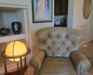 Vintage Leather Chair &
Vintage Replogle Heirloom Rolling Wood Illuminated  Floor World Globe 