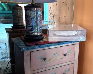 Famille Rose Boudoir Lamp, Faux Painted Diminutive Chest,