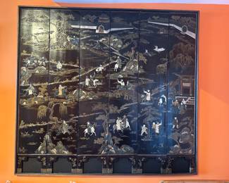 Framed 6-panel Lacquer Screen with mother of pearl inlay and hard stone carvings