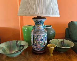 Canton Rose Table Lamp, Artisan Pottery, Burl Veneer Low Table