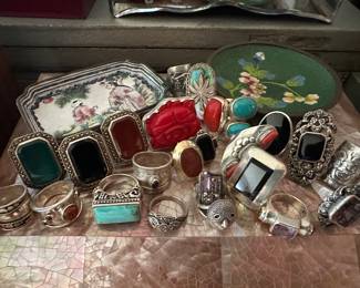 Silver and Gemstone Rings, Enamel and Cloisonné Pin Trays