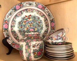 Famille Rose Pattern: Platter, Ginger Jar, Cups, Saucers, & Plates