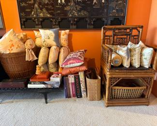 Decorative Throw Pillows from Kimono Fabrics, Coffee Table Books, Vintage Bamboo Furniture