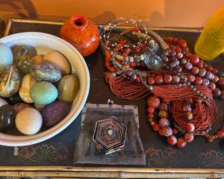 Decorative Elements, Stone and Ceramic Eggs, Studio Glass, Vintage Mesh Purse, and Statement Beaded Necklaces