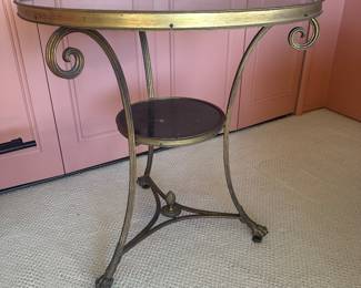 Louis XVI style Gueridon Table, Brass with black stone top and shelf