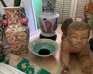Glazed Ceramic Vase and Table Lamp, Carved Wood Cherub, Textiles