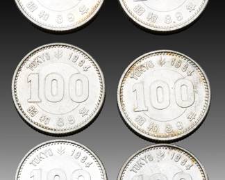 Lot of 6 Authentic 1964 Japan 100 Yen Silver Coins - Tokyo Summer Olympics Commemorative