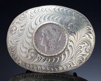 Vintage 1973 Boyd of Reno Nevada Sterling Silver Hand Engraved Western Belt Buckle with 1887 Morgan Dollar