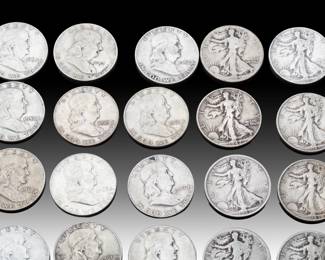 Lot of 24 US Half Dollars: 23-Coin 90% Silver Group (295g TW) feat. Walking Liberty & Franklin Halves