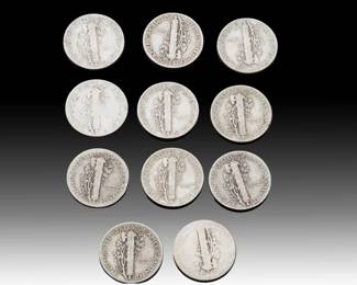 Lot of 11 Circulated 90% Silver Mercury Dimes - WWII Era Collection (1935-1944)
