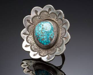 Vintage George Kee Navajo White Hogan Mid-Century Modern Sterling Silver & Spiderweb Turquoise Statement Ring, c. 1950s Native American Jewelry