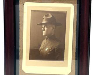 Striking WWI Era US Marine Corps Framed Portrait Photo with Marksman Badge