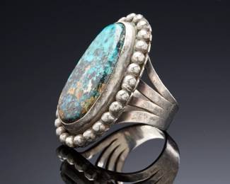 Important Vintage George Kee Navajo White Hogan Sterling Silver & High-Grade Character Turquoise Ring, Mid-Century Modern Native American Jewelry