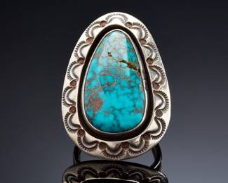 Navajo Master Silversmith Sterling Silver & High-Grade Morenci Spiderweb Turquoise Ring Native American Jewelry SIGNED
