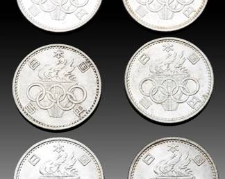 Lot of 6 Authentic 1964 Japan 100 Yen Silver Coins - Tokyo Summer Olympics Commemorative
