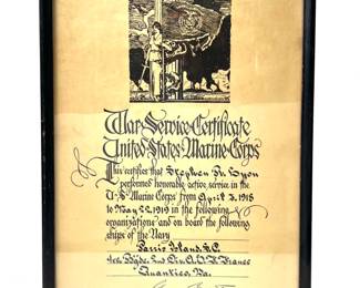 Original WWI U.S. Marine Corps War Service Certificate - 4th Brigade A.E.F. France Combat Unit