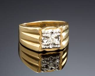 Vintage 1950s Mid-Century Men's Diamond Ring 14K Gold Illusion Setting