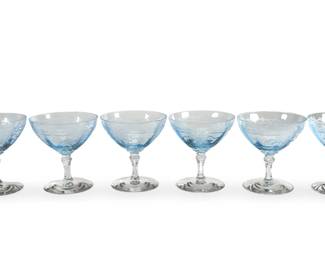 Lot of 6 Fostoria "June" Azure Blue Etched Elegant Glass Tall Sherbet / Cocktail Coupes