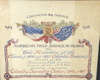 WWI American Field Service DONOR'S CERTIFICATE - Columbia University Ambulance SSU 67