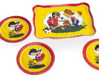 Vintage 1950s Ohio Art Tin Lithograph Toy Tea Set 14pc Boy Girl Gardening Puppy USA