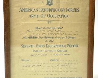Original 1919 WWI A.E.F. Army of Occupation Certificate for a Signal Corps Instructor in Germany