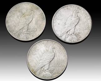 Lot of 3: Authentic USA Peace Silver Dollars - 1922 (x2) & 1923, 90% Silver, Philadelphia Mint