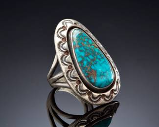 Navajo Master Silversmith Sterling Silver & High-Grade Morenci Spiderweb Turquoise Ring Native American Jewelry SIGNED