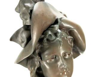 Large Antique Art Nouveau Bronzed Spelter Bust, "Belle Époque Woman," Signed Ant. Nelson (Antoine Van Den Kerckhove), c. 1900