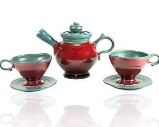 3pc Studio Art Pottery Teapot & Matching Cups/Saucer