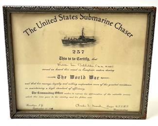 Rare 1918 WWI US Navy Submarine Chaser SC-257 Service Certificate for C.M.M. Walter Lee Batchelder, Framed