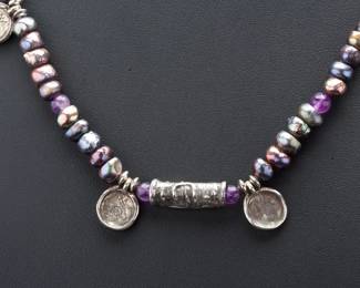 Vintage Modernist Brutalist Studio Artisan Sterling Silver Baroque Pearl & Amethyst Statement Necklace