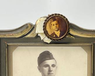Antique WWI US Army Doughboy Soldier Portrait Photo in Ornate Frame with Civilian Locket