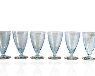 Set of 6 Vintage Fostoria "June" Azure Blue Etched Elegant Glass Parfait Glasses, c. 1930s