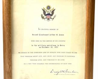 Korean War 1952 Presidential Memorial Certificate for 2nd Lt. Arthur O. Jones KIA - Dwight D. Eisenhower Signature