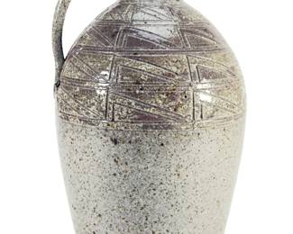 Vintage Mid-Century Studio Art Pottery Stoneware Jug, Hand-Thrown with Incised Geometric Pattern & Speckled Glaze