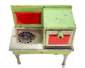 Vintage 1930s Art Deco Electric Toy Stove, Pressed Steel, Green & Red, Cabriole Legs