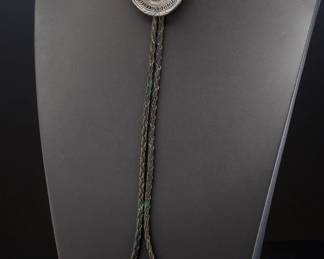 Vintage 1960s Navajo Sterling Silver & High-Grade Turquoise Bolo Tie, Bennett C-31 Clasp, Classic Mid-Century Native American Art