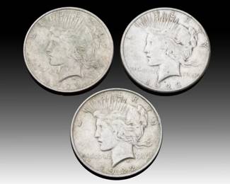 Lot of 3: Authentic USA Peace Silver Dollars - 1922 (x2) & 1923, 90% Silver, Philadelphia Mint