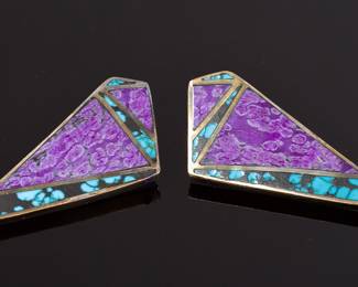 Vintage Navajo Signed S.A. Sterling Silver Sugilite & Turquoise Channel Inlay Modernist Earrings Native American Jewelry